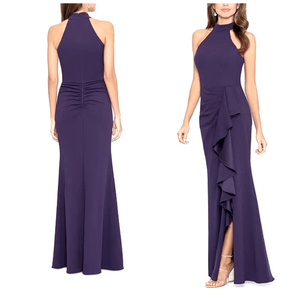 NWT Navy Betsy & Adam Sleeveless Mock Neck Ruffle Gown size 14